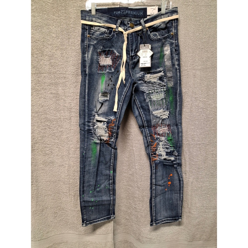 Rue21 Premium Supreme Flex Skinny Jeans Mens 30x30Distressed Paint Splatter Blue